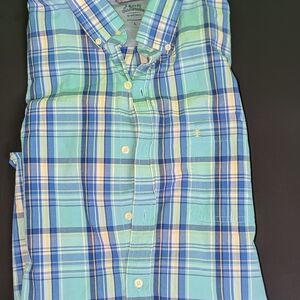 Men's Izod Saltwater Seaport Poplin Aqua Sky Plaid Button Down Shirt Size Large